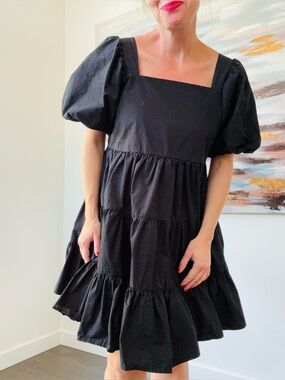 OAK + FORT Black Puff Sleeve Tiered Cotton Mini Dress Size L
